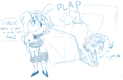 Size: 3370x2200 | Tagged: explicit, artist:hattsy, ahegao, ass, banned from derpibooru, bed, blanket, butt, clothes, cozy glow, dialogue, disembodied penis, eyes rolling back, female, freckles, heart, human, human penis, humanized, imported from twibooru, lolicon, monochrome, nudity, open mouth, penis, pillow, plap, shirt, shoes, skirt, speech bubble, sweat, teddy bear, tongue out, tooth gap, underage