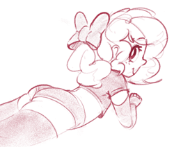 Size: 825x699 | Tagged: suggestive, artist:hattsy, oc, oc:peachy keen, arm warmers, ass, banned from derpibooru, bow, butt, clothes, female, freckles, hair bow, human, humanized, imported from twibooru, laying on stomach, lolicon, looking at you, looking back, looking back at you, monochrome, oc only, short shirt, shorts, smiling, socks, solo, solo female, thigh highs, underage