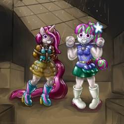 Size: 2000x2000 | Tagged: questionable, artist:smudge proof, oc, oc:zew, oc:zippi, banned from derpibooru, bondage, commission, encasement, equestria girls, female, human, imported from twibooru, inflatable, lolicon, oc only, petrification, rubber, stocks, straitjacket, sweat, underage, warehouse