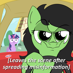 Size: 900x900 | Tagged: safe, artist:anonymous, twilight sparkle, oc, oc:filly anon, car, drawthread, driving, duo, eyebrows, eyebrows visible through hair, female, filly, foal, front view, g4, imported from derpibooru, mare, meme, misinformation, no mouth, ponified, ponified meme, pony, ponyville, requested art, vehicle