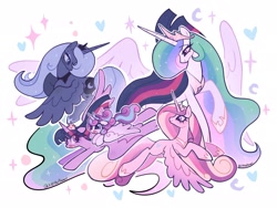 Size: 2048x1541 | Tagged: safe, artist:lilytheflowerl, princess celestia, princess flurry heart, princess luna, twilight sparkle, alicorn, alicorn pentarchy, aunt and niece, crown, cute, ethereal mane, female, filly, flurrybetes, flying, foal, g4, happy, heart, heart eyes, hoof shoes, imported from derpibooru, jewelry, long mane, long tail, looking at each other, looking at someone, mare, mother and child, mother and daughter, open mouth, open smile, pony, princess cadance, regalia, royal sisters, siblings, sisters, smiling, smiling at each other, starry mane, tail, wingding eyes