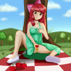 Size: 2000x2000 | Tagged: questionable, artist:focusb, apple bloom, apple, banned from derpibooru, clothes, dress, female, food, grope, human, human coloration, humanized, imported from twibooru, lolicon, looking at you, masturbation, offscreen character, older, older apple bloom, panties, picnic blanket, pov, self grope, solo, source needed, underage, underwear