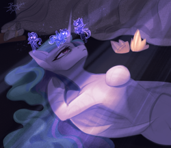 Size: 3810x3302 | Tagged: safe, artist:jsunlight, princess celestia, princess luna, alicorn, female, filly, filly luna, foal, g4, horn, imported from derpibooru, lying down, on back, pony, scroll, signature, twins at the carousel, underhoof, wings, woona, younger