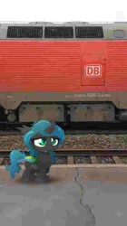 Size: 560x1000 | Tagged: safe, artist:cicadalous, oc, oc:c1558, changeling, changeling oc, concerned, deutsche bahn, female, filly, foal, imported from derpibooru, irl, locomotive, needs more jpeg, oc only, open mouth, photo, ponies in real life, pony, solo, train, train station
