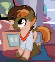 Size: 840x950 | Tagged: safe, artist:showstileanon, button mash, /ptfg/, age regression, clothes, colt, earth pony, eye color change, foal, g4, human, human to pony, imported from derpibooru, indoors, male, mid-transformation, open mouth, open smile, pony, show accurate, smiling, solo, transformation, younger