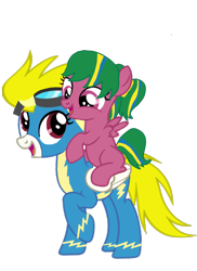 Size: 1081x1488 | Tagged: safe, artist:oumirot, oc, oc:surpr firelight, clothes, cute, female, filly, foal, g4, imported from derpibooru, magical lesbian spawn, mother and child, offspring, parent:firefly, parent:surprise, parents:fireprise, pegasus, pegasus oc, pegasus surpr firelight, pony, simple background, smiling, surprise (g4), transparent background, uniform, wonderbolts, wonderbolts uniform