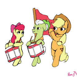 Size: 690x690 | Tagged: safe, artist:nancygoober3, apple bloom, applejack, apple bloom's bow, apple sisters, applejack's hat, bipedal, bow, cowboy hat, drums, drumsticks, earth pony, female, filly, flag, flute, foal, g4, grandmother and grandchild, grandmother and granddaughter, granny smith, hair bow, hat, imported from derpibooru, mare, musical instrument, pony, siblings, simple background, sisters, trio, white background