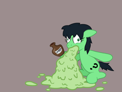 Size: 1600x1200 | Tagged: safe, oc, oc:filly anon, anonymous artist, bottle, ears back, earth pony, female, filly, foal, g4, imported from derpibooru, ipecac, kek, oc only, pony, puddle, simple background, sitting, solo, vomit, vomiting, wall eyed