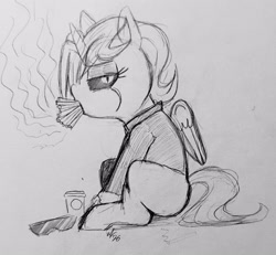 Size: 2296x2121 | Tagged: safe, artist:welost, oc, oc:dyx, alicorn, cigarette, coffee cup, cup, female, filly, foal, gentlemen, glasses off, grayscale, imported from derpibooru, lidded eyes, looking at you, looking back, looking back at you, monochrome, oc only, pencil drawing, pony, profile, sitting, smoking, solo, sunglasses, traditional art