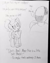 Size: 2296x2863 | Tagged: suggestive, oc, oc:dyx, oc:ponyquarantine, alicorn, artist needed, dialogue, duo, duo male and female, female, filly, foal, grayscale, human, human male, imported from derpibooru, male, monochrome, pencil drawing, pony, traditional art