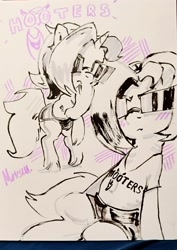Size: 2098x2967 | Tagged: safe, artist:mouezu, oc, oc:dyx, alicorn, bipedal, clothes, female, filly, foal, hooters, hot pants, imported from derpibooru, looking at you, marker drawing, monochrome, oc only, partial color, pony, sitting, solo, sunglasses, traditional art, wingless, wingless alicorn