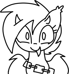 Size: 1441x1552 | Tagged: safe, oc, oc:xone, anonymous artist, black and white, chains, demon, demon pony, ear tufts, female, female oc, filly, filly oc, foal, grayscale, horn, imported from derpibooru, looking at you, maretooth, monochrome, oc only, partially open wings, pony, sketch, solo, wings