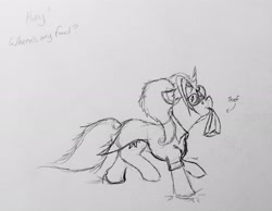 Size: 2638x2045 | Tagged: safe, oc, oc:dyx, alicorn, artist needed, bag, female, filly, foal, food theft, grayscale, imported from derpibooru, lunch bag, monochrome, mouth hold, oc only, paper bag, pencil drawing, pony, sketch, solo, traditional art