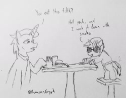 Size: 2150x1686 | Tagged: safe, artist:hawaiiangryph, oc, oc:dyx, alicorn, burger, dialogue, duo, duo female, female, filly, foal, food, french fries, g4, grayscale, horn, imported from derpibooru, mare, monochrome, pencil drawing, pony, signature, sketch, sunglasses, traditional art, unicorn, zesty gourmand