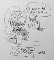 Size: 2155x2400 | Tagged: explicit, artist:legendoflink, oc, oc:dyx, alicorn, anatomically correct, anus, butt, choker, cigarette, clothes, female, filly, foal, grayscale, imported from derpibooru, jacket, monochrome, nudity, oc only, open mouth, pencil drawing, plot, ponut, pony, price tag, sign, signature, smoking, stylistic suck, sunglasses, talking to viewer, traditional art, unamused, vulva