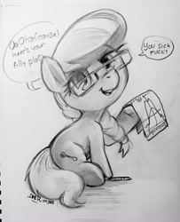 Size: 2296x2831 | Tagged: safe, artist:darkdoomer, silver spoon, dialogue, earth pony, female, filly, foal, g4, graph, hoof hold, imported from derpibooru, math, monochrome, pencil, pencil drawing, pony, signature, sitting, solo, speech bubble, talking to viewer, traditional art, vulgar