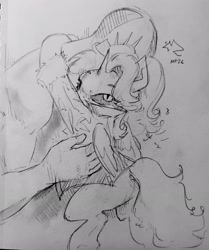 Size: 2254x2694 | Tagged: safe, artist:mareoinaddict, oc, oc:anon, oc:dyx, alicorn, duo, duo male and female, female, filly, foal, grayscale, hug, human, imported from derpibooru, male, monochrome, oc only, pencil drawing, pony, signature, traditional art