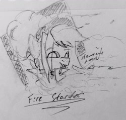 Size: 2291x2193 | Tagged: safe, artist:neumaghanon, oc, oc:dyx, alicorn, bust, cigarette, female, filly, foal, imported from derpibooru, looking at you, missing horn, monochrome, oc only, pencil drawing, pony, sketch, smiling, smiling at you, smoking, solo, traditional art