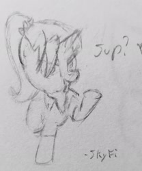 Size: 2008x2413 | Tagged: safe, artist:sky-fi, oc, oc:dyx, alicorn, cigarette, female, filly, foal, furrowed brow, grayscale, imported from derpibooru, monochrome, oc only, pencil drawing, pony, smoking, solo, sup, talking to viewer, traditional art