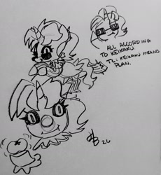 Size: 2198x2393 | Tagged: safe, oc, oc:dyx, alicorn, all according to keikaku, artist needed, clown, female, filly, foal, food, gradient background, imported from derpibooru, looking at you, monochrome, oc only, pen drawing, pony, signature, smiling, smiling at you, snaggletooth, solo, sunglasses, tomato, traditional art
