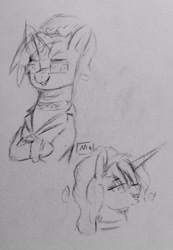Size: 1851x2680 | Tagged: safe, oc, oc:dyx, alicorn, artist needed, bust, crossed hooves, female, filly, foal, grayscale, grin, imported from derpibooru, monochrome, oc only, pencil drawing, pony, smiling, solo, sunglasses, traditional art