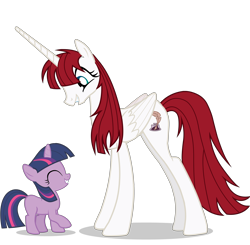 Size: 5000x4890 | Tagged: safe, artist:alicesponycorner, twilight sparkle, oc, oc:fausticorn, absurd resolution, adobe animate, adobe flash, alicorn, blank flank, concave belly, cutie mark, duo, duo female, eyes closed, female, filly, filly twilight sparkle, foal, folded wings, full body, g4, horn, imported from derpibooru, lauren faust, looking down, my little pony: friendship is magic, oc only, open mouth, pony, purple coat, purple mane, raised hoof, red hair, red mane, red tail, show accurate, simple background, slender, smiling, tail, tall, teeth, thin, transparent background, unicorn, unicorn twilight, vector, white coat, wings, younger