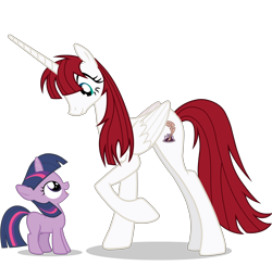Size: 5000x4897 | Tagged: safe, artist:alicesponycorner, twilight sparkle, oc, oc:fausticorn, absurd resolution, adobe animate, adobe flash, alicorn, blank flank, concave belly, cutie mark, duo, duo female, female, filly, filly twilight sparkle, foal, folded wings, full body, g4, horn, imported from derpibooru, lauren faust, looking at each other, looking at someone, looking down, looking up, my little pony: friendship is magic, oc only, open mouth, pony, purple coat, purple mane, raised hoof, red hair, red mane, red tail, show accurate, simple background, slender, smiling, tail, tall, thin, transparent background, unicorn, unicorn twilight, vector, white coat, wings, younger