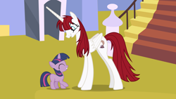 Size: 5000x2813 | Tagged: safe, artist:alicesponycorner, twilight sparkle, oc, oc:fausticorn, absurd resolution, adobe animate, adobe flash, alicorn, blank flank, canterlot, concave belly, cutie mark, duo, duo female, eyes closed, female, filly, filly twilight sparkle, foal, folded wings, full body, g4, grass, horn, imported from derpibooru, lauren faust, looking down, my little pony: friendship is magic, oc only, open mouth, outdoors, pony, purple coat, purple mane, raised hoof, red hair, red mane, red tail, show accurate, slender, smiling, stairs, tail, tall, teeth, thin, unicorn, unicorn twilight, vector, white coat, wings, younger