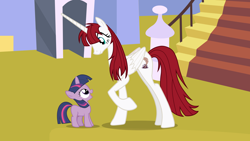 Size: 5000x2813 | Tagged: safe, artist:alicesponycorner, twilight sparkle, oc, oc:fausticorn, absurd resolution, adobe animate, adobe flash, alicorn, blank flank, canterlot, concave belly, cutie mark, duo, duo female, female, filly, filly twilight sparkle, foal, folded wings, full body, g4, grass, horn, imported from derpibooru, lauren faust, looking at each other, looking at someone, looking down, looking up, my little pony: friendship is magic, oc only, open mouth, outdoors, pony, purple coat, purple mane, raised hoof, red hair, red mane, red tail, show accurate, slender, smiling, stairs, tail, tall, thin, unicorn, unicorn twilight, vector, white coat, wings, younger