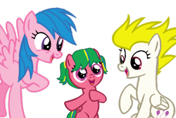 Size: 1080x720 | Tagged: safe, artist:oumirot, oc, oc:surpr firelight, cute, family, female, filly, firefly, foal, g1, g4, imported from derpibooru, lesbian, magical lesbian spawn, offspring, parent:firefly, parent:surprise, parents:fireprise, pegasus, pegasus surpr firelight, pony, ship:fireprise, shipping, simple background, surprise (g4), transparent background
