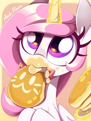Size: 3000x4000 | Tagged: safe, artist:amix flare, princess celestia, :3, alicorn, butter, cewestia, cute, cutelestia, eating, female, filly, foal, food, g4, imported from derpibooru, pancakes, pink-mane celestia, pony, solo, strawberry, younger