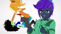 Size: 1920x1080 | Tagged: safe, artist:hornydogo, oc, oc:dyx, oc:filly anon, oc:nyx, 3d, alicorn, belly, belly button, breasts, cleavage, clothes, equestria girls, equestria girls-ified, equestria girls-ified oc, female, filly, foal, g4, hoodie, human, imported from derpibooru, jacket, koikatsu, midriff, older, older dyx, older nyx, simple background, thumbs up, trio, trio female, white background