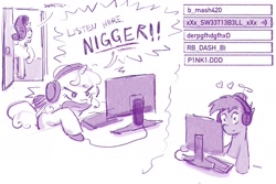 Size: 1800x1200 | Tagged: safe, artist:anonymous, button mash, rarity, sweetie belle, colt, comic, computer, computer mouse, controversial, door, drawthread, earth pony, eye clipping through hair, female, filly, floating heart, foal, g4, gaming, gaming headset, headset, heart, horn, imported from derpibooru, male, mare, monochrome, n word, nigger, out of character, pony, racial slur, shocked, slur, unicorn, x eyes, yelling