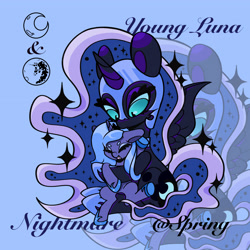 Size: 3024x3024 | Tagged: safe, artist:综上所述, princess luna, age difference, alicorn, crown, duality, duo, duo female, ethereal mane, ethereal tail, fangs, female, filly, filly luna, foal, full body, g4, helmet, high res, holding, holding a pony, imported from derpibooru, jewelry, looking at someone, mare, mare in the moon, moon, nightmare moon, pony, regalia, self paradox, self ponidox, sitting, size difference, slit pupils, sparkles, spread wings, tail, text, watermark, wings, woona, younger