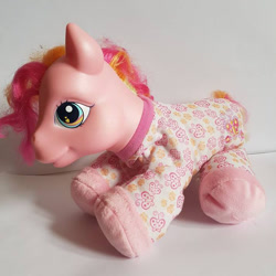 Size: 714x714 | Tagged: safe, photographer:emfen, baby, baby pony, clothes, cute, diasteps, earth pony, female, filly, foal, g3, g3betes, imported from derpibooru, indoors, irl, logo, pajamas, photo, pony, so soft, solo, sweet steps, toy, walking sweet steps