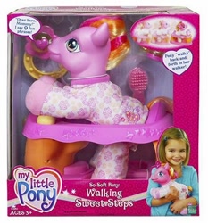 Size: 465x500 | Tagged: safe, photographer:absol, ages 3+, baby, baby pony, bipedal, box, box cover, brush, clothes, cup, cute, diasteps, earth pony, female, filly, foal, g3, g3betes, hasbro, hasbro logo, human, human female, imported from derpibooru, irl, irl human, logo, official, pajamas, photo, pony, rattle, simple background, sippy cup, so soft, solo, sweet steps, toy, walker, walking sweet steps, white background