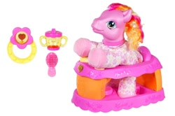 Size: 500x332 | Tagged: safe, photographer:absol, baby, baby pony, bipedal, brush, clothes, cup, cute, diasteps, earth pony, female, filly, foal, g3, g3betes, imported from derpibooru, official, pajamas, pony, rattle, simple background, sippy cup, so soft, solo, sweet steps, toy, walker, walking sweet steps, white background