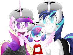 Size: 2160x1620 | Tagged: safe, artist:jesslmc16, princess flurry heart, shining armor, alicorn, blue's clues, closed mouth, clothes, costume, cute, cutedance, dress, family, father and child, father and daughter, female, filly, flurrybetes, flying, foal, folded wings, g4, grin, hat, horn, imported from derpibooru, looking at you, male, mare, mother and child, mother and daughter, open mouth, pants, parents and child, pony, princess cadance, royal family, shining adorable, ship:shiningcadance, shipping, shirt, simple background, smiling, spread wings, stallion, straight, trio, unicorn, white background, wings
