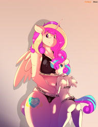 Size: 1633x2124 | Tagged: questionable, artist:dragk, princess flurry heart, alicorn, anthro, banned from derpibooru, bra, branded hem, cameltoe, clothes, female, imported from twibooru, lingerie, lolicon, mother and child, mother and daughter, patreon, princess cadance, text, underage, underwear
