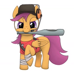 Size: 1643x1635 | Tagged: safe, artist:funnygrin, scootaloo, bandolier, baseball bat, cap, dog tags, earmuffs, female, filly, foal, folded wings, g4, hat, imported from derpibooru, mare, mouth hold, pegasus, pony, raised hoof, sash, scout (tf2), scoutaloo, simple background, solo, team fortress 2, triple anniversary, valve, video game crossover, video game reference, white background, wings