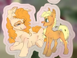 Size: 868x653 | Tagged: safe, artist:golte_elint, applejack, duo, duo female, ear fluff, earth pony, female, filly, foal, g4, imported from derpibooru, looking at each other, looking at someone, lying down, mare, mother and child, mother and daughter, pear butter, pony, prone, smiling, smiling at each other, sticker, younger