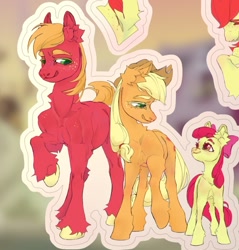 Size: 1121x1171 | Tagged: safe, artist:golte_elint, apple bloom, applejack, apple bloom's bow, applejack's hat, big macintosh, bow, bright mac, cowboy hat, ear fluff, earth pony, female, filly, foal, g4, hair bow, hat, imported from derpibooru, looking at each other, looking at someone, male, mare, pony, raised hoof, smiling, smiling at each other, stallion, sticker, unshorn fetlocks