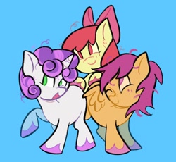 Size: 1442x1328 | Tagged: safe, artist:rennypilled, apple bloom, scootaloo, sweetie belle, blue background, cutie mark crusaders, earth pony, female, filly, foal, g4, horn, imported from derpibooru, no pupils, one eye closed, partially open wings, pegasus, pony, raised hoof, simple background, smiling, trio, trio female, unicorn, wings