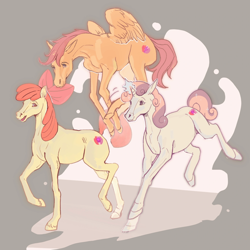 Size: 2048x2048 | Tagged: safe, artist:mapleleaf, apple bloom, scootaloo, sweetie belle, :d, bow, closed mouth, cutie mark crusaders, female, filly, foal, full body, g4, glowing, glowing horn, gray background, hair bow, hoers, horn, horse, imported from derpibooru, looking at you, magic, open mouth, open smile, pegasus, pink bow, raised hoof, smiling, spread wings, telekinesis, trio, trio female, unicorn, wings