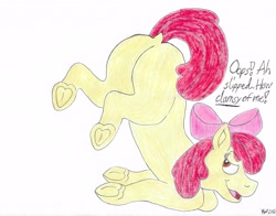 Size: 4347x3400 | Tagged: safe, artist:bluegreen369, apple bloom, apple bloom's bow, ass up, bedroom eyes, blank flank, blatant lies, bloom butt, bow, butt, dialogue, dock, earth pony, face down ass up, female, filly, foal, frog (hoof), g4, hair bow, imported from derpibooru, looking back, lying down, plot, pony, presenting, presenting butt, prone, raised tail, simple background, solo, tail, traditional art, underhoof, white background