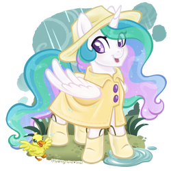 Size: 2400x2400 | Tagged: safe, artist:sparkytopia, princess celestia, 2026, 2d, alicorn, alternate accessories, bird, boots, cewestia, clothes, cloud, cloudy, coat, cute, cutelestia, digital art, duck, duckling, eye clipping through hair, eyelashes, female, filly, foal, folded wings, g4, grass, high res, imported from derpibooru, looking at you, mare, multicolored hair, multicolored mane, multicolored tail, open mouth, open smile, outdoors, puddle, purple eyes, rain, rain boots, rain hat, raincoat, shoes, signature, simple background, smiling, smiling at you, solo, standing, tail, transparent background, white coat, wings, ych example, younger, your character here