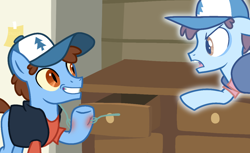 Size: 1102x675 | Tagged: safe, artist:dazzle, bipper, bruised, clothes, colt, complex background, crossover, dipper pines, earth pony, foal, fork, gravity falls, grin, hat, implied bill cipher, imported from derpibooru, male, ponified, pony, redraw, self harm, smiling, vest