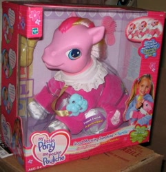 Size: 691x718 | Tagged: safe, photographer:absol, baby, baby bottle, baby pony, bottle, box, box cover, brush, clothes, cute, earth pony, electronic toy, english, eyes open, female, filly, foal, french, g3, g3 logo, g4, good morning sunshine, good morning sunshinedorable, hasbro, hasbro logo, human, imported from derpibooru, irl, irl human, language, logo, my little pony logo, pacifier, pajamas, photo, pony, sitting, so soft, toy, try me