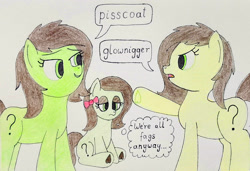 Size: 2811x1927 | Tagged: safe, artist:jakusi, oc, oc:filly anon, dialogue, earth pony, female, filly, foal, hoof heart, imported from derpibooru, oc only, pony, racial slur, sitting, slur, thought bubble, traditional art, underhoof, vulgar