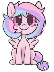 Size: 600x800 | Tagged: safe, artist:darkwarks, oc, oc:sugar pill, female, filly, foal, imported from derpibooru, multicolored hair, oc only, pegasus, pegasus oc, pink coat, pony, simple background, sitting, smiling, solo, transparent background